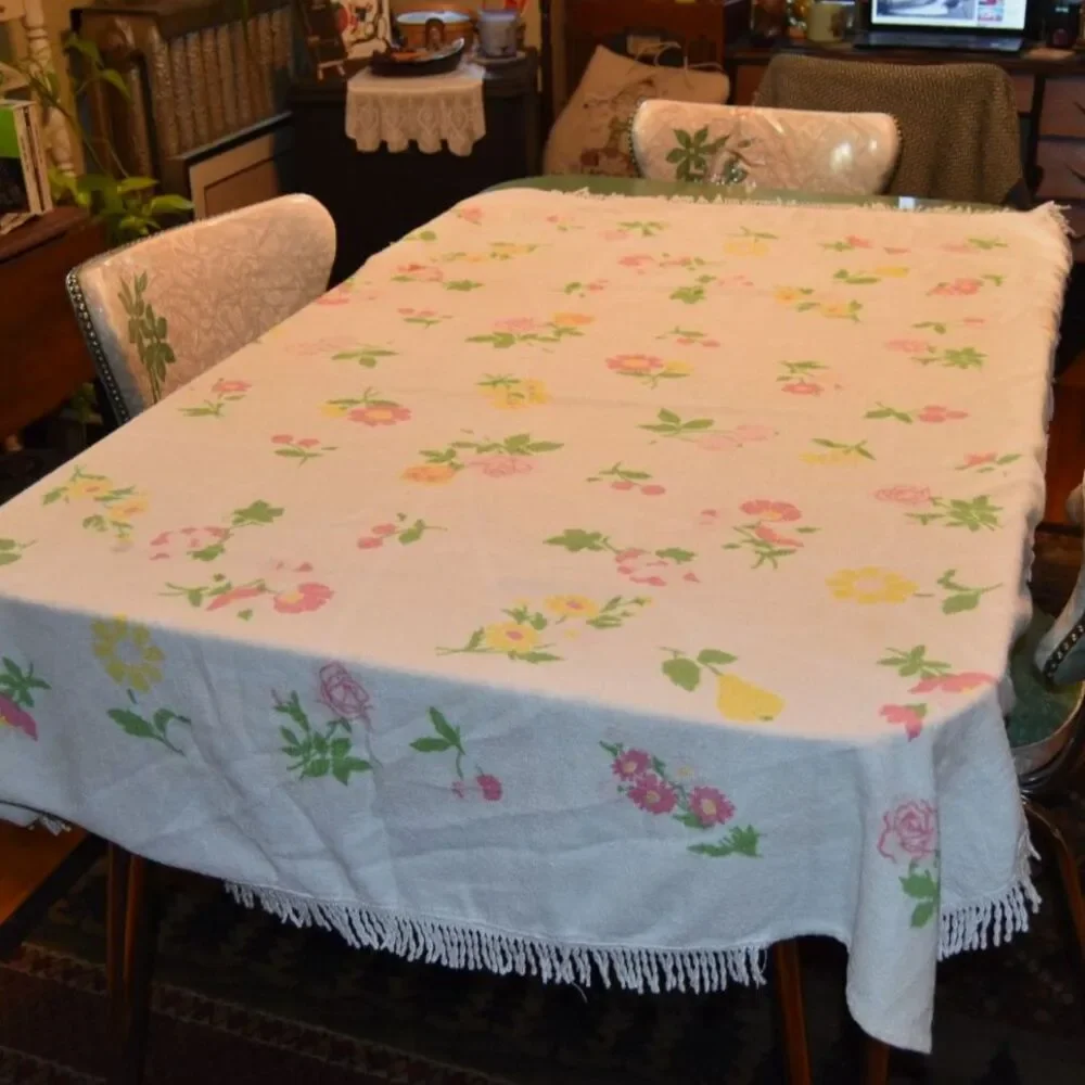 Vintage 1950s Terry Cloth Tablecloth Floral Fringe 54x66 Mid Century Cottage